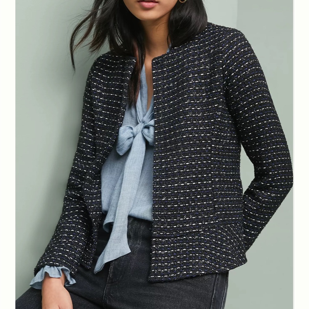 Anthropologie Metallic-Shimmer Tweed Open-Front Jacket by Dolan